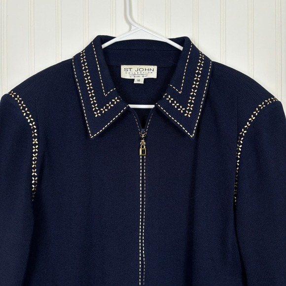 Vintage St. John Collection Knit Jacket Women 16 Navy Blue Gold Studded Zip Up - Picture 5 of 15